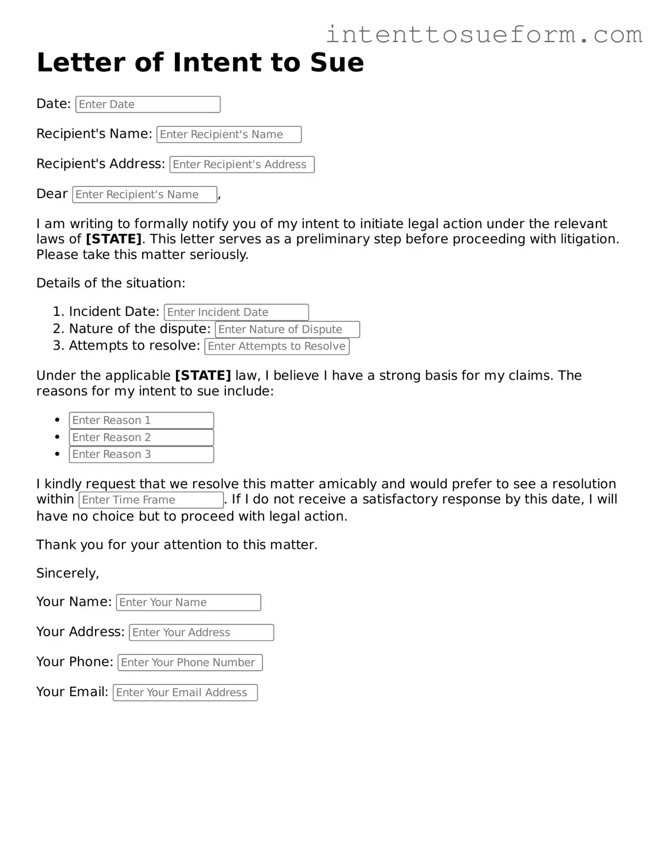 Free Letter of Intent to Sue Document